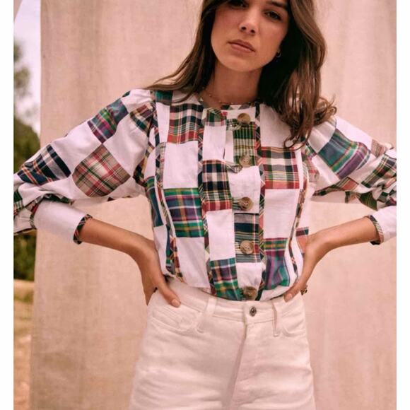 Sezane Chemise Bruna Patchwork Long Sleeve Blouse FR 46 US 14 Boho Cottagecore - Picture 3 of 13